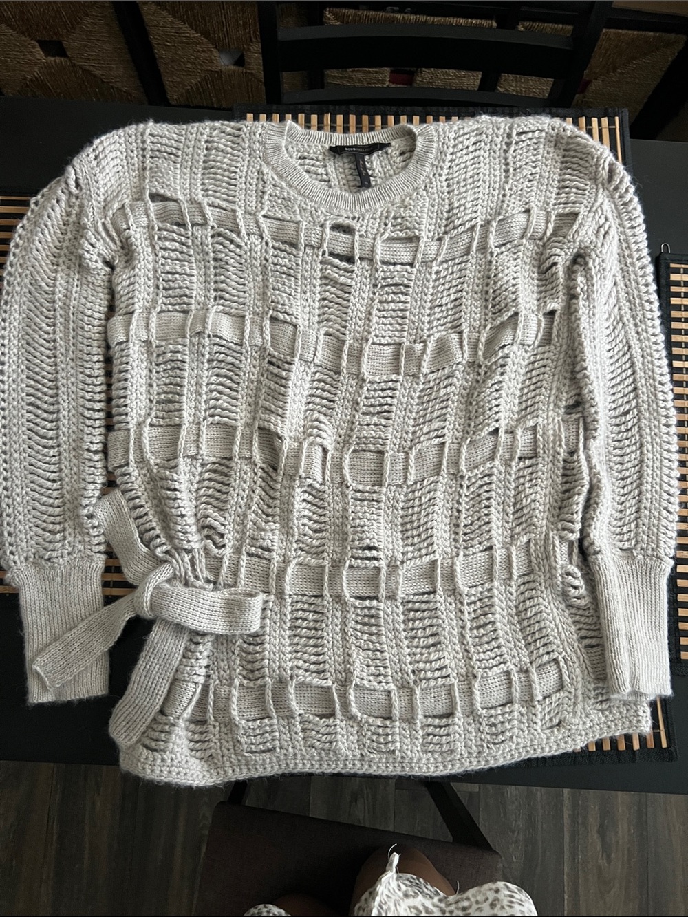 BCBGMaxAzria Cream Open-Weave Side-Tie Crewneck Sweater